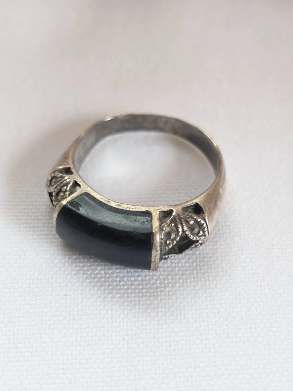 Vintage Sterling Silver 925 Black Onyx Marcasite Ring Size 7